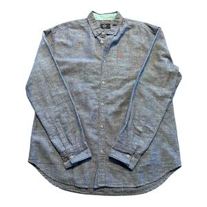 Blue Chambray Button Down Shirt Mens Large Minimalist Casual Cotton Linen Blend